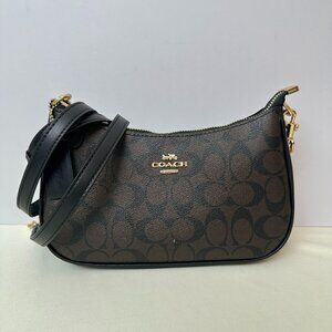 Coach Signature Monogram Crossbody Bag - Brown & Black with Gold Hardware